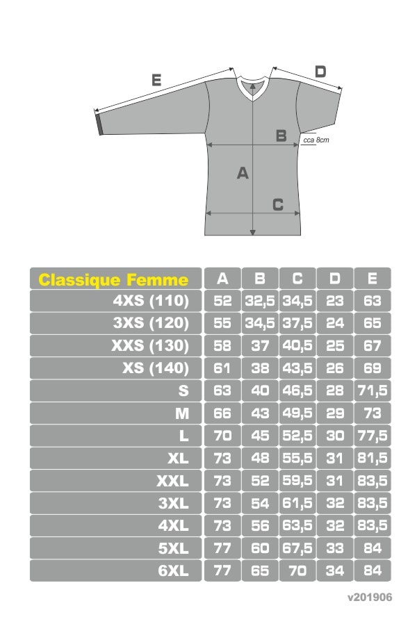 Grille de tailles du maillot floorball du classique femme