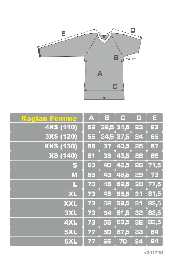 Grille de tailles du maillot floorball du raglan femme